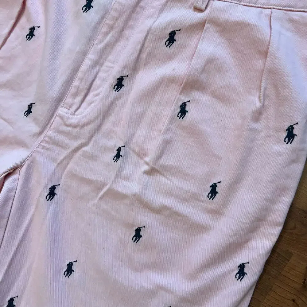 Polo Ralph Lauren Tyler All-Over Pony Print Pink Pleated Chino Shorts Sz 36